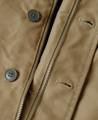 Khaki deck jacket front with two zippers, two buttons, chest pockets