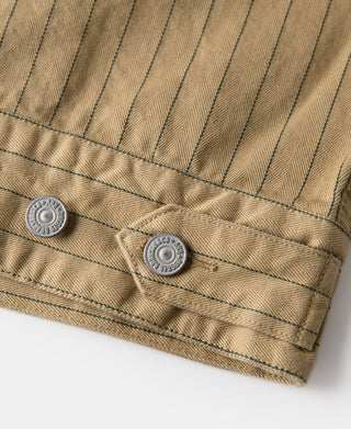 Khaki striped chore coat hem with two metal snap buttons