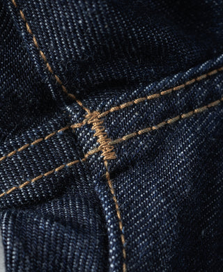 Indigo denim seam close-up with reinforced cross-stitching detail