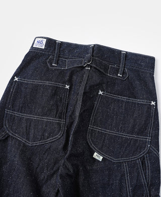 Indigo denim carpenter pants front with two flap pockets and waistband belt loops