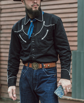 Black western shirt with white embroidered yoke and arrow details, long sleeves