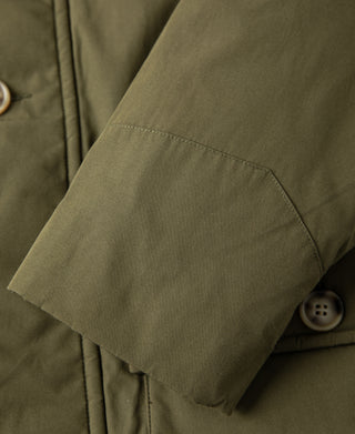 Olive parka sleeve cuff with stitched seam and button closure