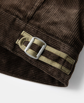 Brown corduroy cossack jacket hem strap with adjustable buckle detail