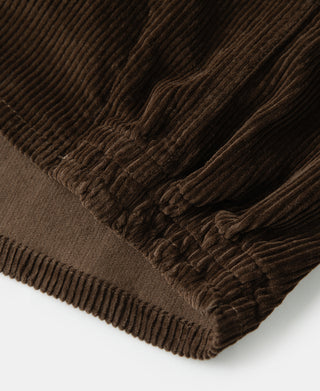 Brown corduroy zip-up jacket hem with ribbed 9-wale texture