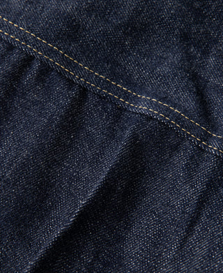 WWII Type 1 selvedge denim jacket, dark indigo, close-up of contrast yellow stitch lines