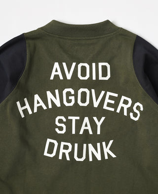 Olive quarter-zip long-sleeve t-shirt close-up of Avoid Hangovers Stay Drunk back print