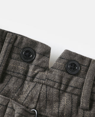 Brown pinstripe pants waistband with black button closure and belt loops