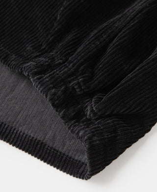 Black corduroy jacket hem and ribbed cuff detail with buttoned stitching