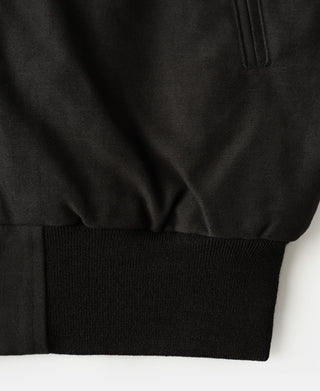 Black bomber jacket hem with ribbed knit cuff and inner pocket seam detail
