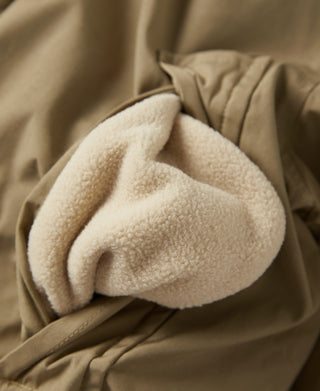 Khaki down parka with cream sherpa hood lining cuff
