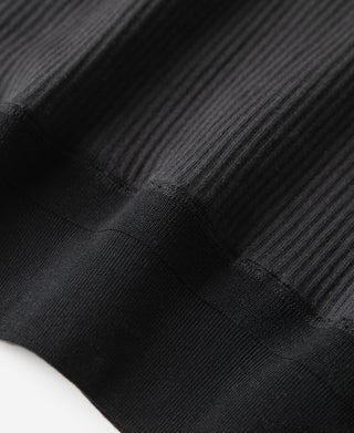 Black ribbed long-sleeve henley shirt, knit texture close-up