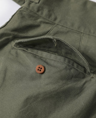 Olive bermuda shorts with small watch pocket and brown button closure