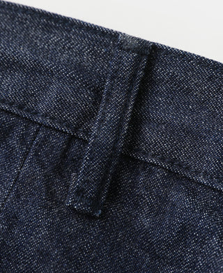 Indigo dungaree trousers fly seam and buttoned closure detail