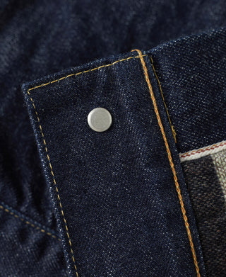 Denim jacket inner placket with snap button and plaid blanket lining edge