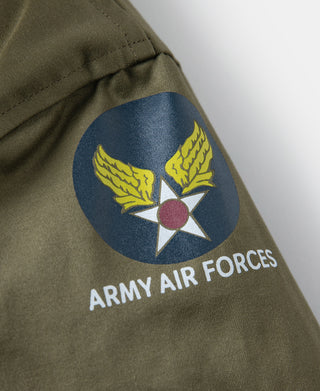 Army Air Forces insignia patch on olive flight jacket sleeve