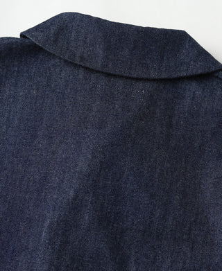 Indigo denim utility coverall jacket back yoke with stand collar