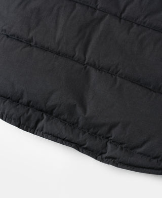 Black quilted vest hem with stitched baffle panels and elastic trim.