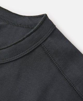 Dark gray henley collar ribbing and shoulder seam close-up