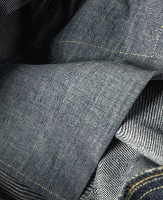 Indigo selvedge denim jeans, denim interior with yellow topstitching and seams