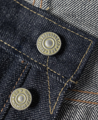 Indigo denim button fly detail with embossed brass-tone buttons and contrast stitching
