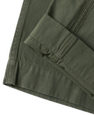 Olive utility fatigue pants, stitched hem and cuff detail