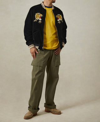 Reversible souvenir jacket worn on black side with chest tiger embroidery and ribbed cuffs