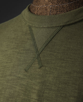 Green cotton t-shirt close-up of V-stitch tubular gusset neckline