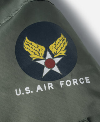 Olive MA-1 flight jacket, U.S. Air Force wing emblem patch with lettering