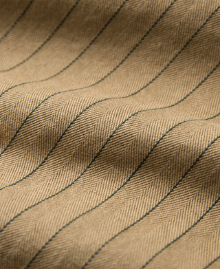 Khaki striped motorcycle mechanic chore coat fabric detail with dark piping