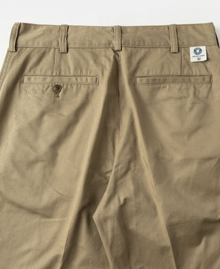 Khaki cotton twill trousers back view with belt loops and buttoned pockets