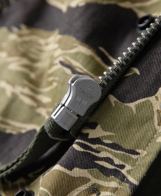 Tiger stripe camo jacket zipper track with metal pull and engraved logo