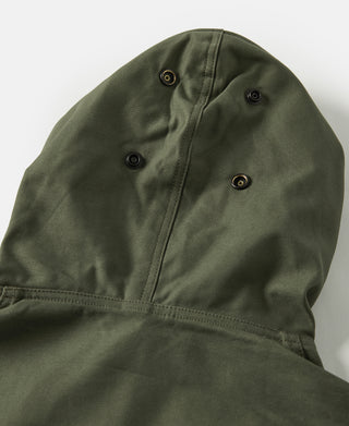 Olive cotton parka hood with metal grommet snaps and drawcord