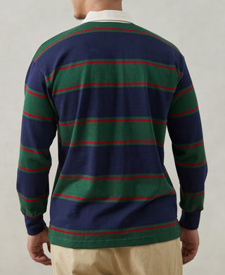 Striped jersey rugby shirt, navy base with green and red horizontal stripes, ribbed hem