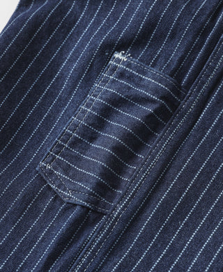 Indigo pinstriped railway work pants, coin pocket and stitched patch pocket