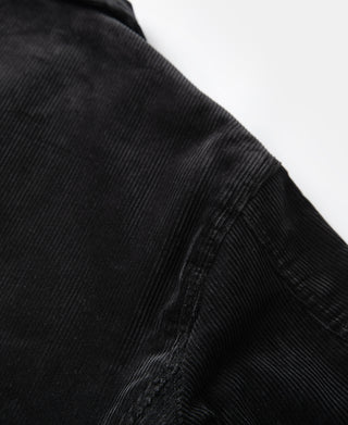Black corduroy Cossack jacket sleeve with visible seams and stitch detail