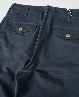 Navy officer trousers front view with belt loops and flap pocket with brass button