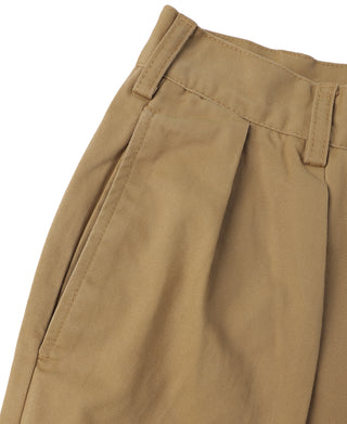 Tan pleated front chino trousers with belt loops and side button tab