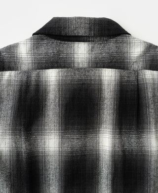 Black-and-white ombre check sports shirt back with pointed collar and buttoned placket.
