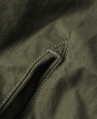 Olive jacket seam with stitched reinforcement on pocket edge