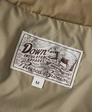 Khaki parka interior with branded Down insulated apparel tag and size label