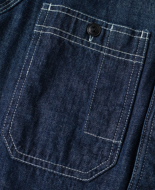Indigo denim work shirt, chest pocket with buttoned flap and contrast stitching