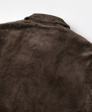 Brown corduroy cossack jacket collar and shoulder seam, ribbed texture