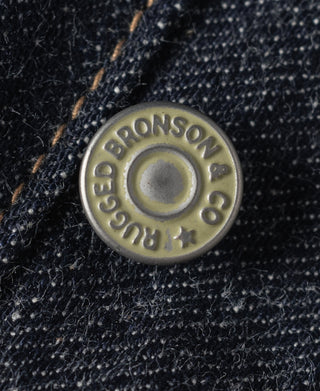 Indigo denim jeans copper button with Bronson Mfg Co stamp