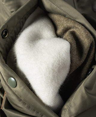 Olive N-3 parka handwarmer pocket with white fleece lining and heart shape.