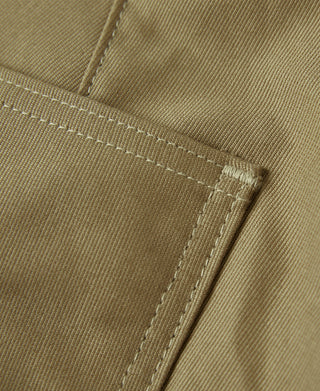 Khaki deck pants button fly area with reinforced stitching