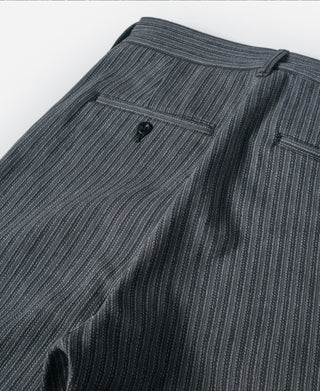 Striped pants with waistband, belt loops, and single button closure
