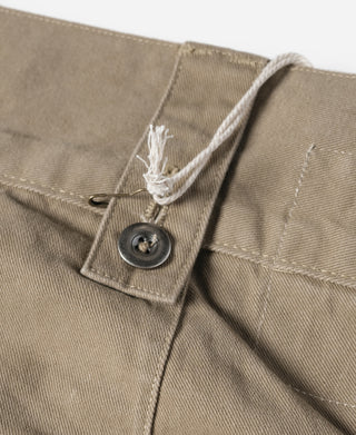 Khaki trousers waistband with metal button and inner drawstring tab