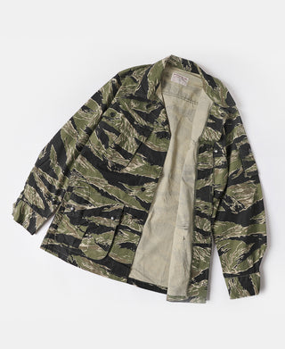 Camo fatigue jacket front view with button closures and stand collar.
