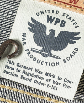 Indigo denim jacket fabric patch with "UNITED STATES" and "WPB" eagle graphic