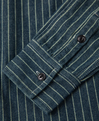 Indigo Wabash work shirt sleeve cuff with button placket and double-needle stitching.